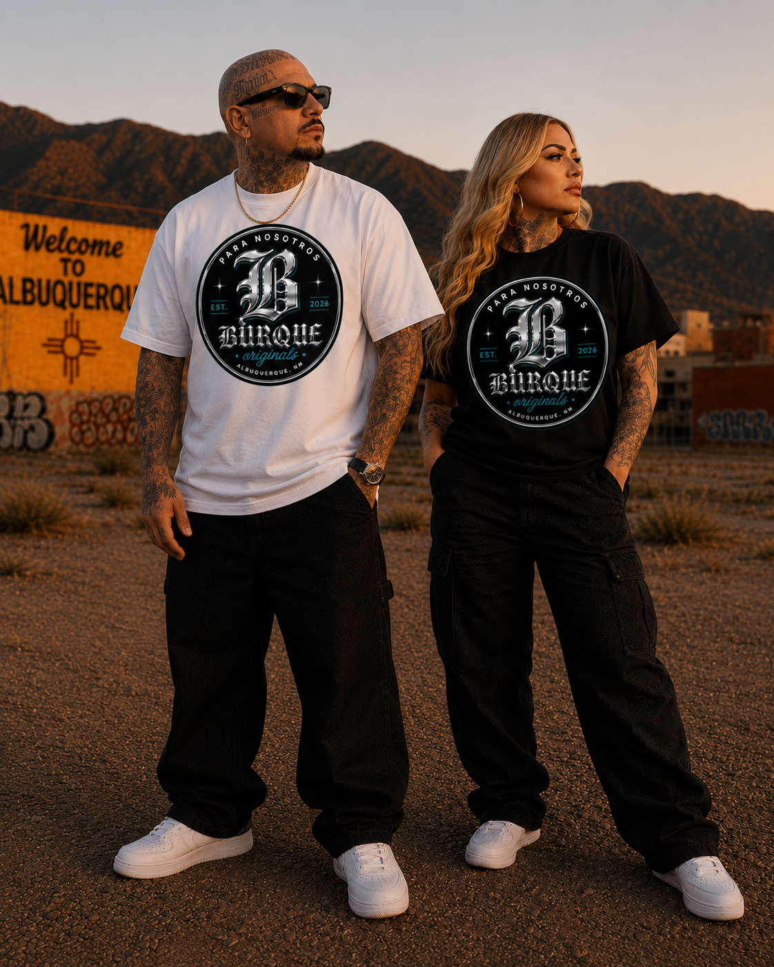 Models wearing black and white BURQUE Originals Para Nosotros Signature T-shirts in Albuquerque, New Mexico