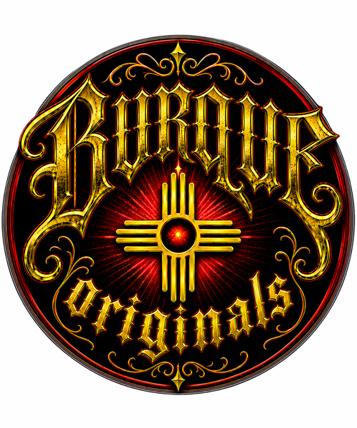 BURQUE Originals Red & Gold Signature Tee graphic featuring the iconic New Mexico Zia symbol and Old English lettering