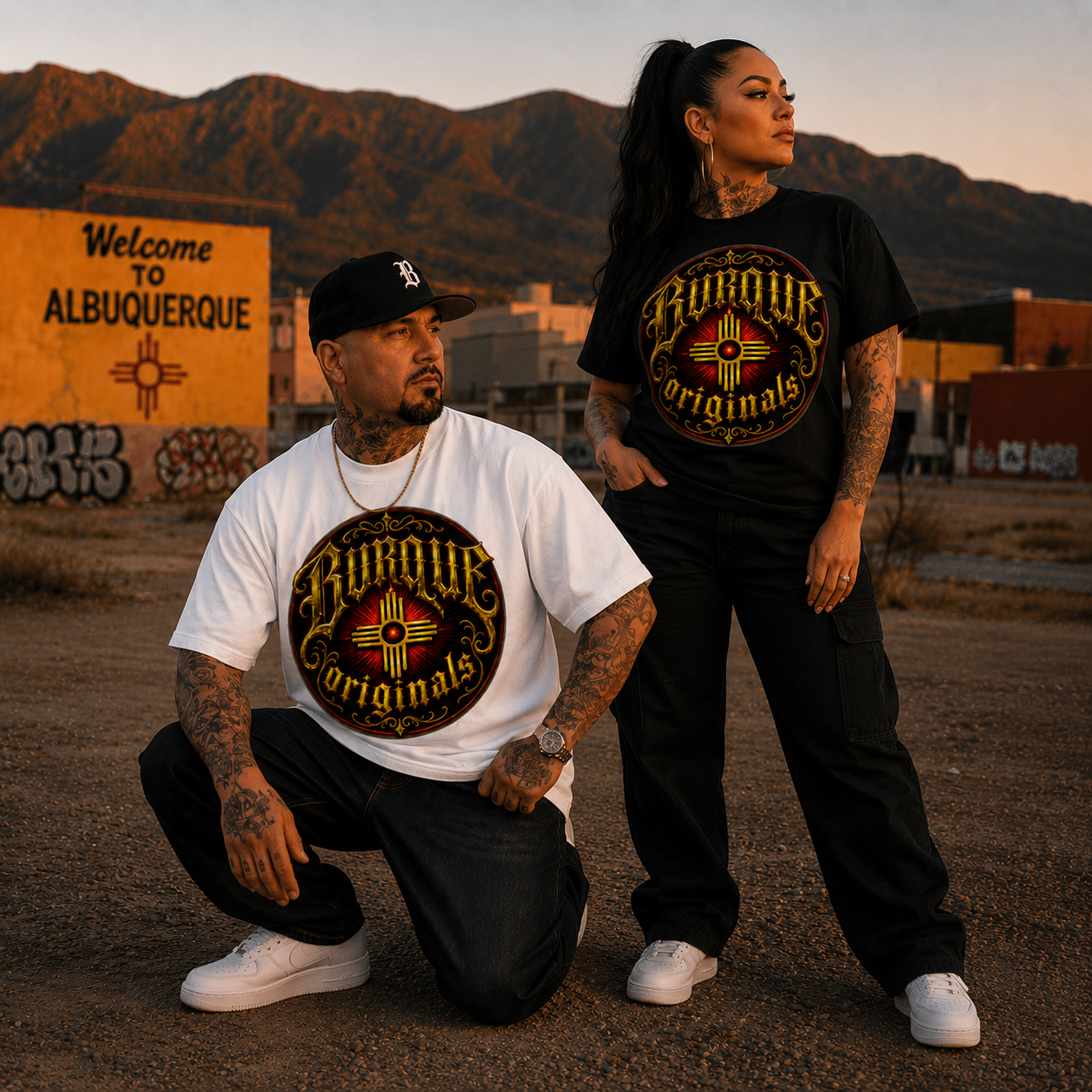 Models wearing black and white BURQUE Originals Red & Gold Zia Signature T-shirts in Albuquerque, New Mexico