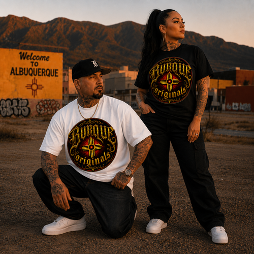 Models wearing black and white BURQUE Originals Red & Gold Zia Signature T-shirts in Albuquerque, New Mexico