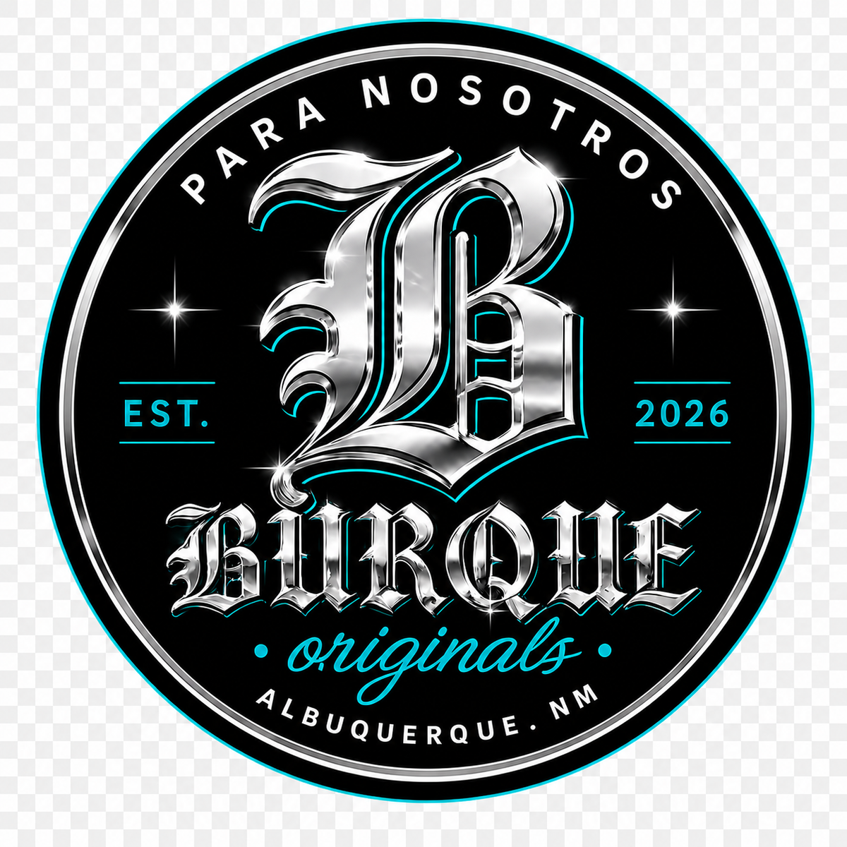 BURQUE Originals Para Nosotros Signature Tee graphic with chrome Old English B and Albuquerque New Mexico branding