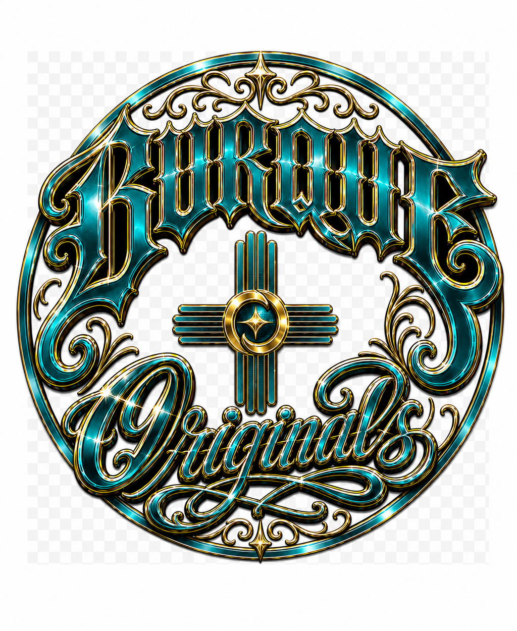 BURQUE Originals Turquoise & Gold Signature Tee graphic with Zia symbol and Old English lettering