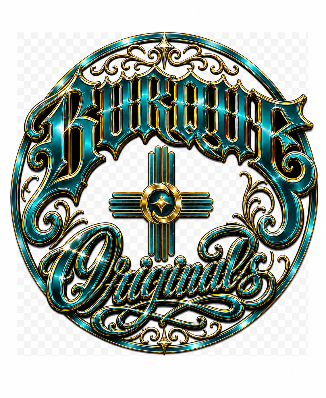 BURQUE Originals Turquoise & Gold Signature Tee graphic with Zia symbol and Old English lettering