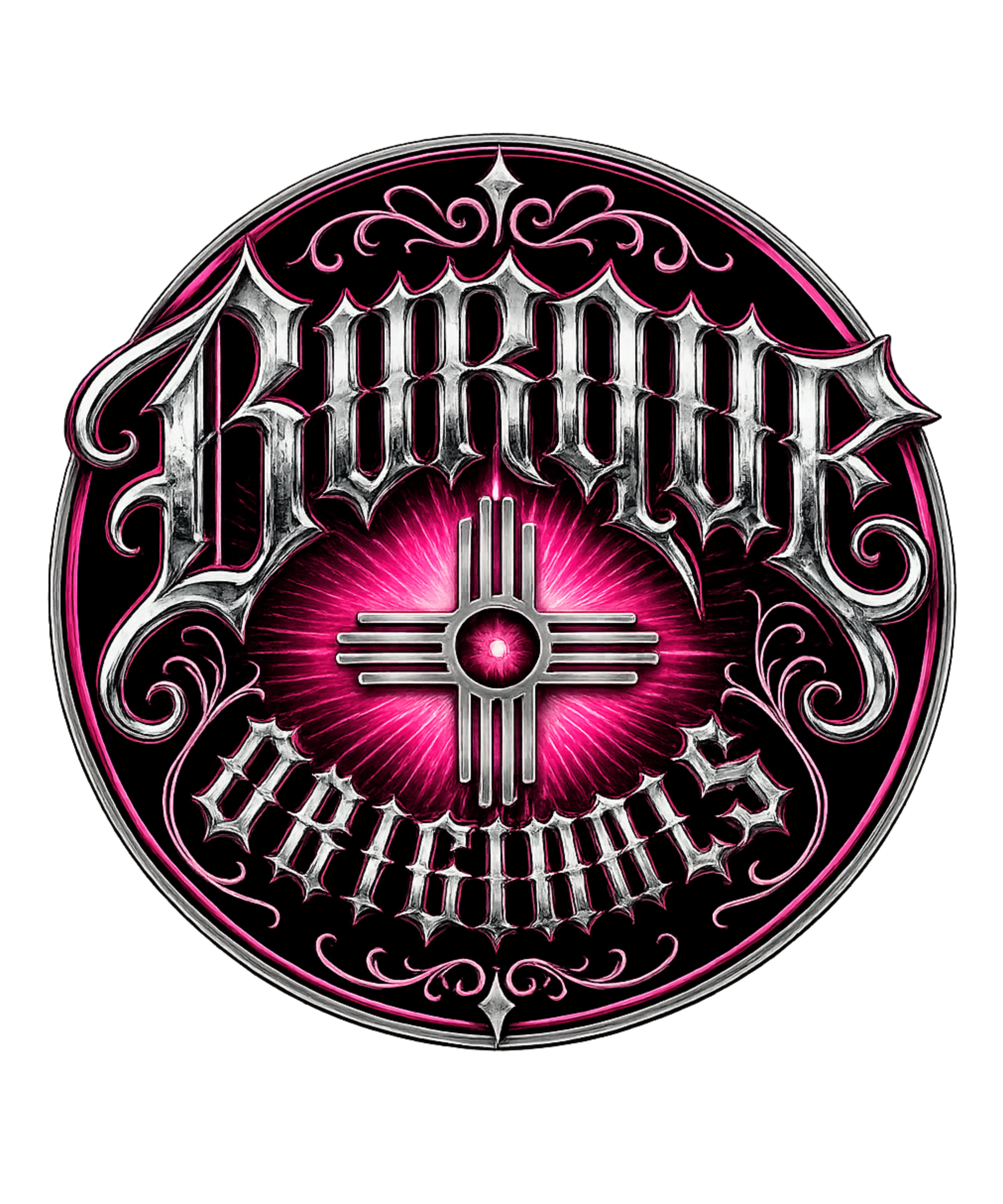 BURQUE Originals Pink Zia Signature Tee graphic featuring the iconic New Mexico Zia symbol with chrome Old English lettering