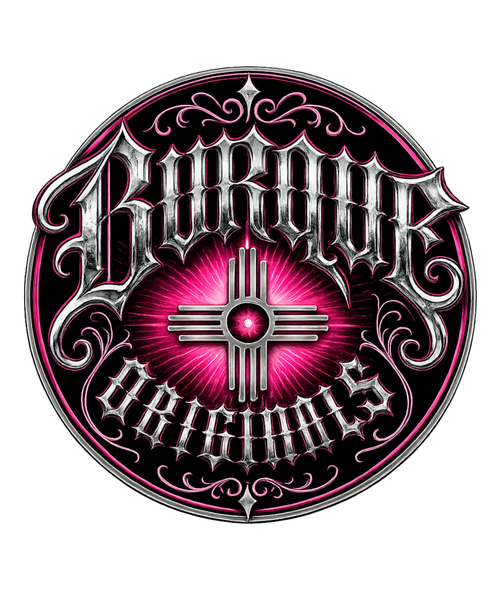 BURQUE Originals Pink Zia Signature Tee graphic featuring the iconic New Mexico Zia symbol with chrome Old English lettering