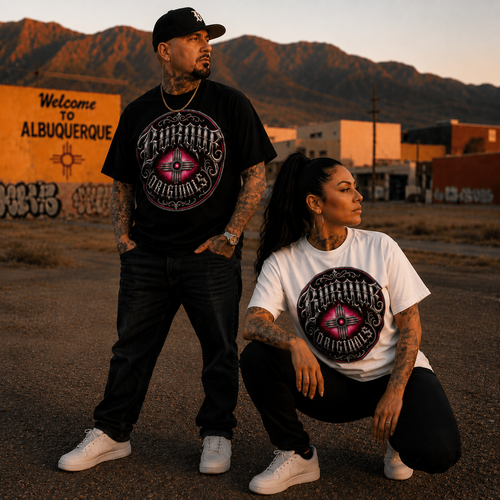 Models wearing black and white BURQUE Originals Pink Zia Signature T-shirts in Albuquerque, New Mexico