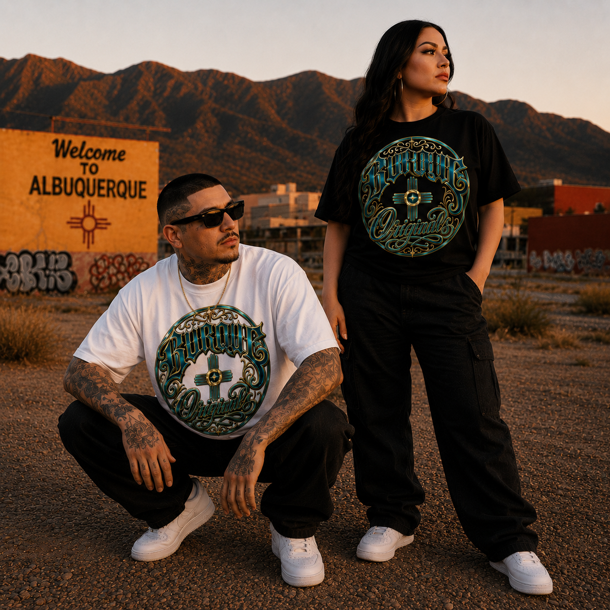 Models wearing black and white BURQUE Originals Turquoise & Gold Signature T-shirts in Albuquerque, New Mexico